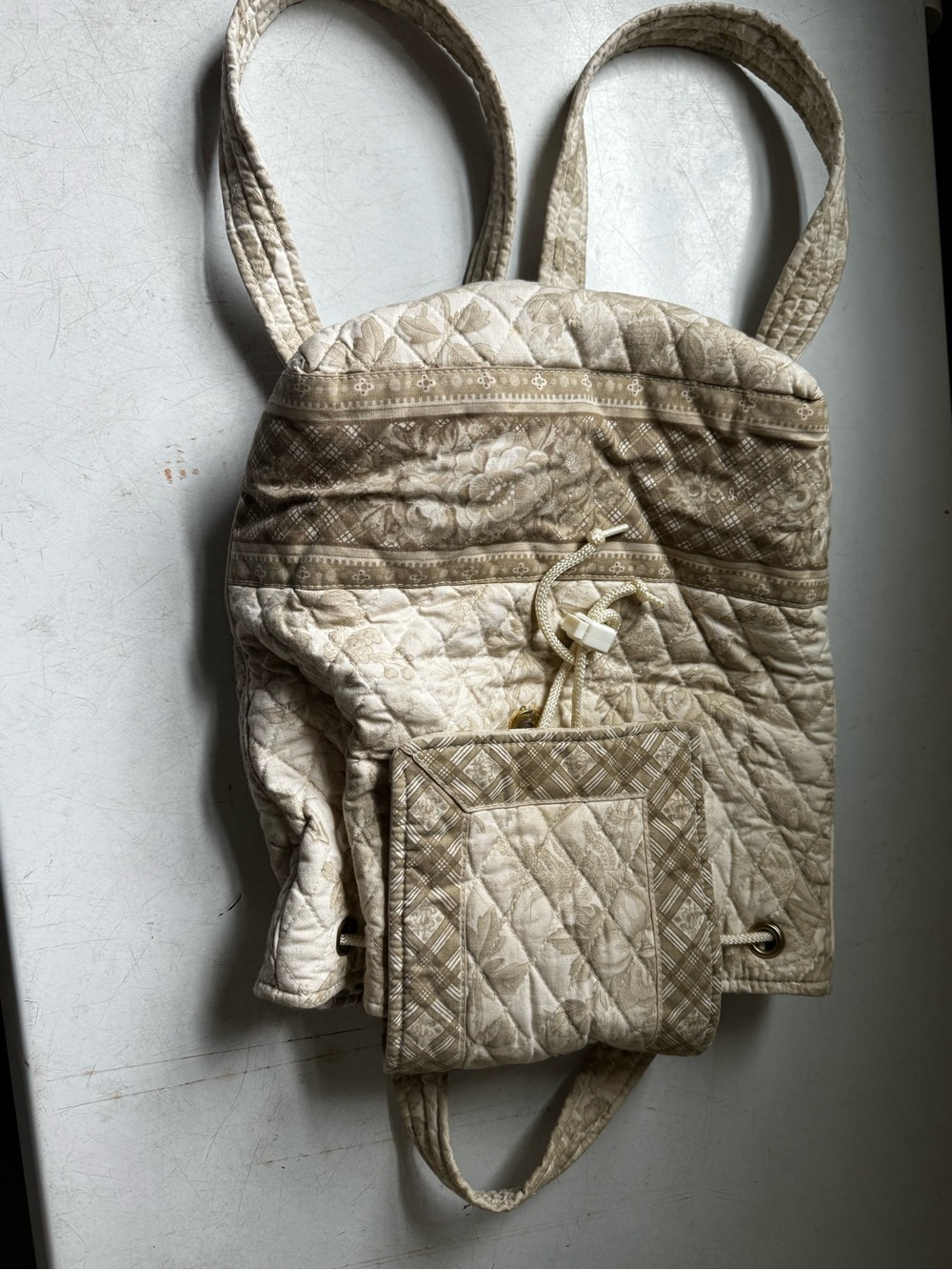 Vera Bradley Quilted Cream & Taupe Mini Drawstring Backpack